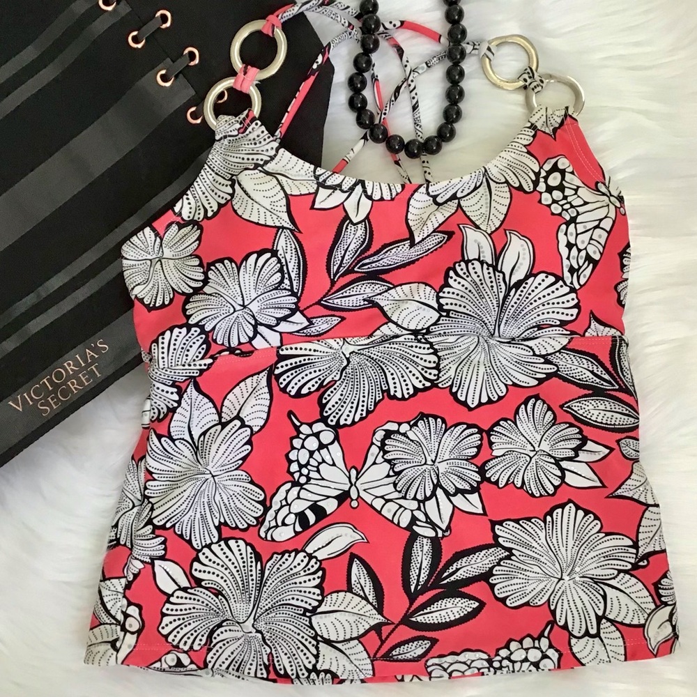 Sand N Sun Coral Black Tropical Floral Tankini Top Size Medium - Picture 2 of 6